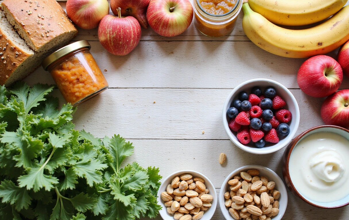 A vibrant and diverse selection of gut-healthy foods, including fermented items, fruits, vegetables, and whole grains, arranged attractively on a wooden table.